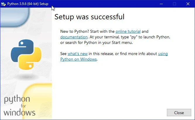 پیام Setup was successful پس از نصب موفق Python در ویندوز